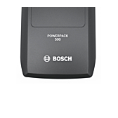 close-up van de Bosch PowerPack 500 Active 36V 13.4Ah fietsbatterij vanaf de bovenkant ingezoomd op het bosch logo