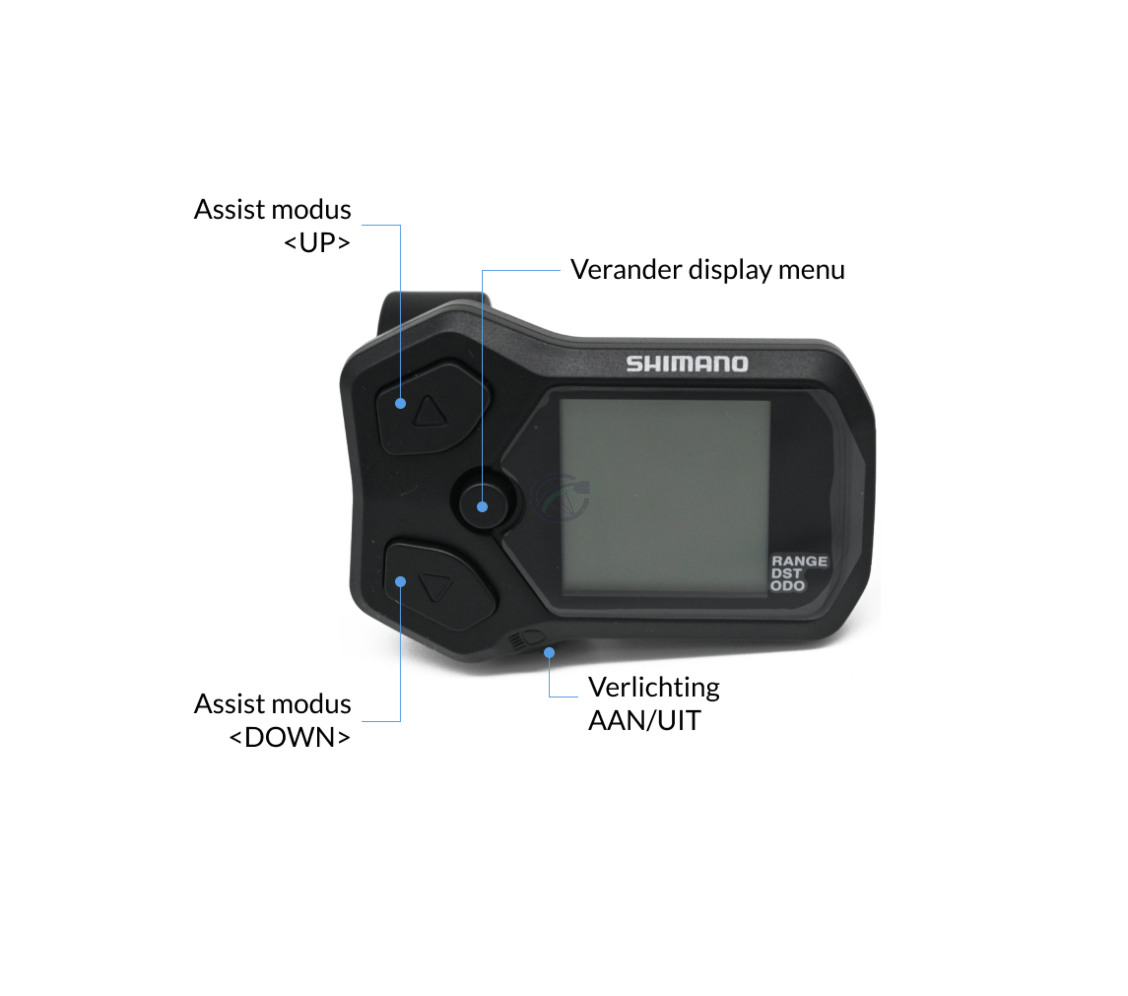 Uitleg van de knopjes van de Shimano Steps display SC-E5000 fietscomputer. Er wordt duidelijk aangegeven wat de functie van ieder knopje is.